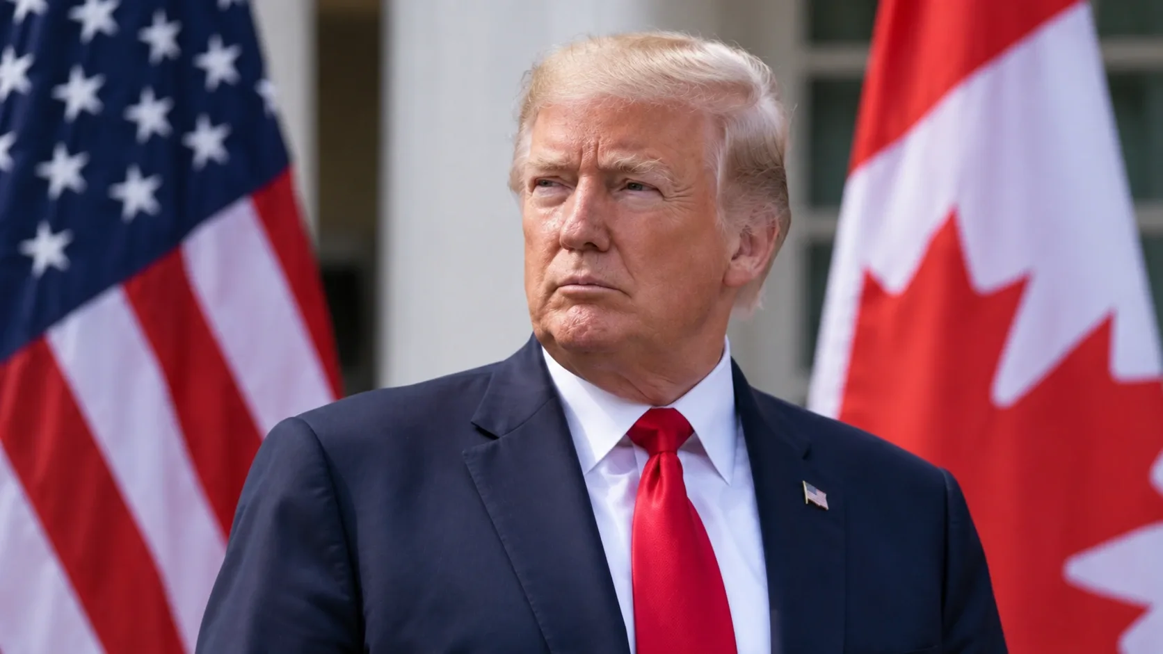 Donald Trump amerikai elnök az Egyesült Államok és Kanada zászlaja előtt – AI-generált illusztráció