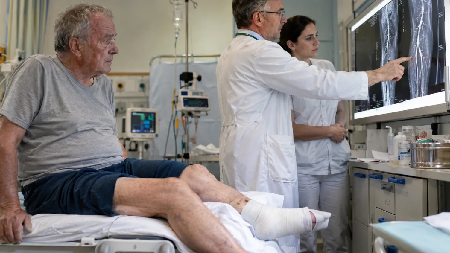 Érsebészek vizsgálják egy lábbeteg páciens leleteit egy kórházi kezelés során