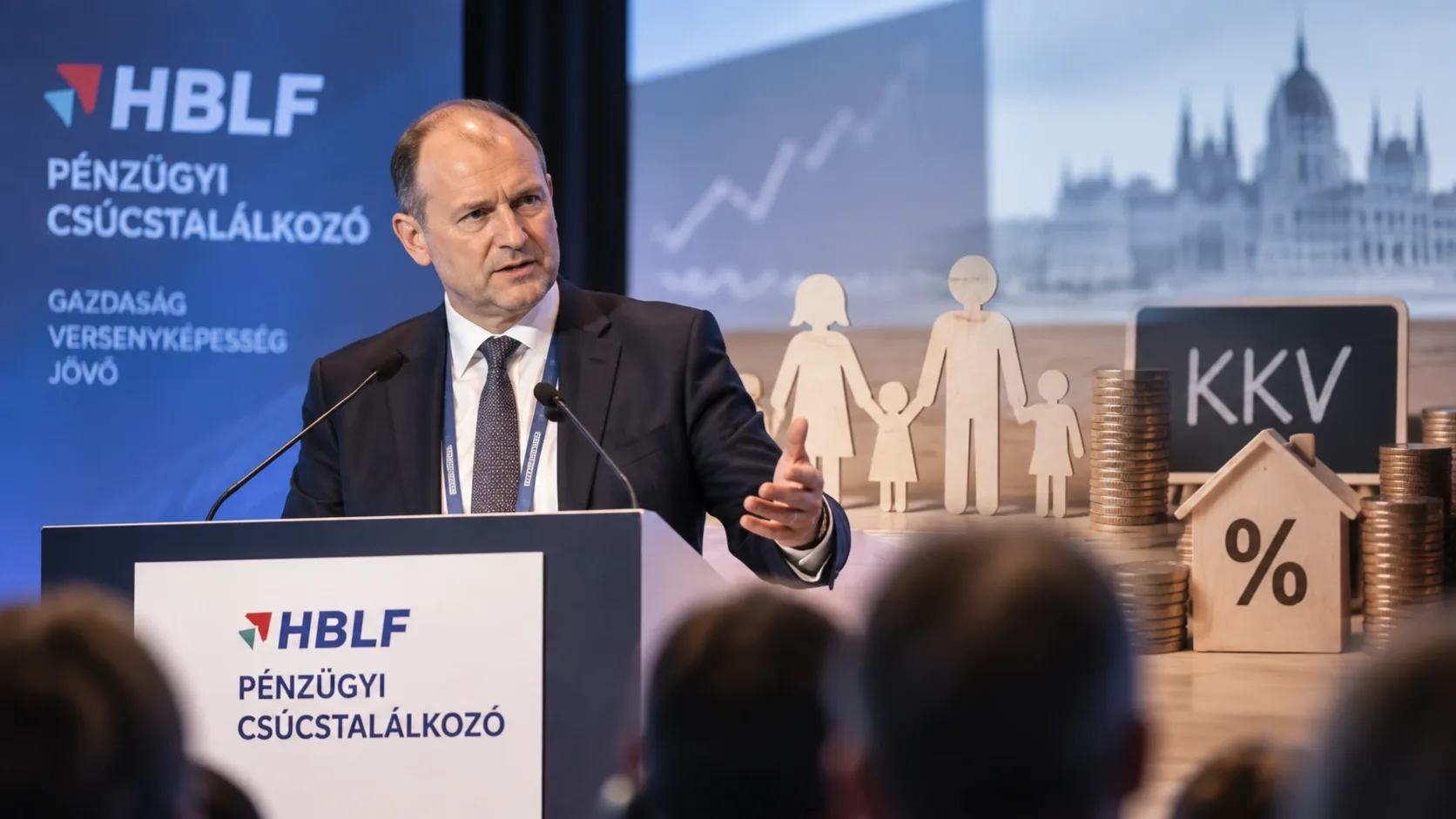 AI-generált illusztráció Jaksity György gazdaságpolitikai előadásáról, a családtámogatások és a kkv-szektor jelképeivel.