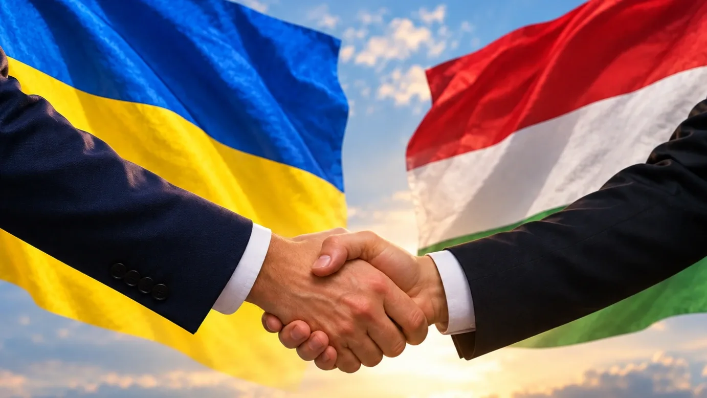 Kézfogás a magyar és az ukrán zászló előtt, a két ország közötti diplomáciai megállapodás jelképeként.