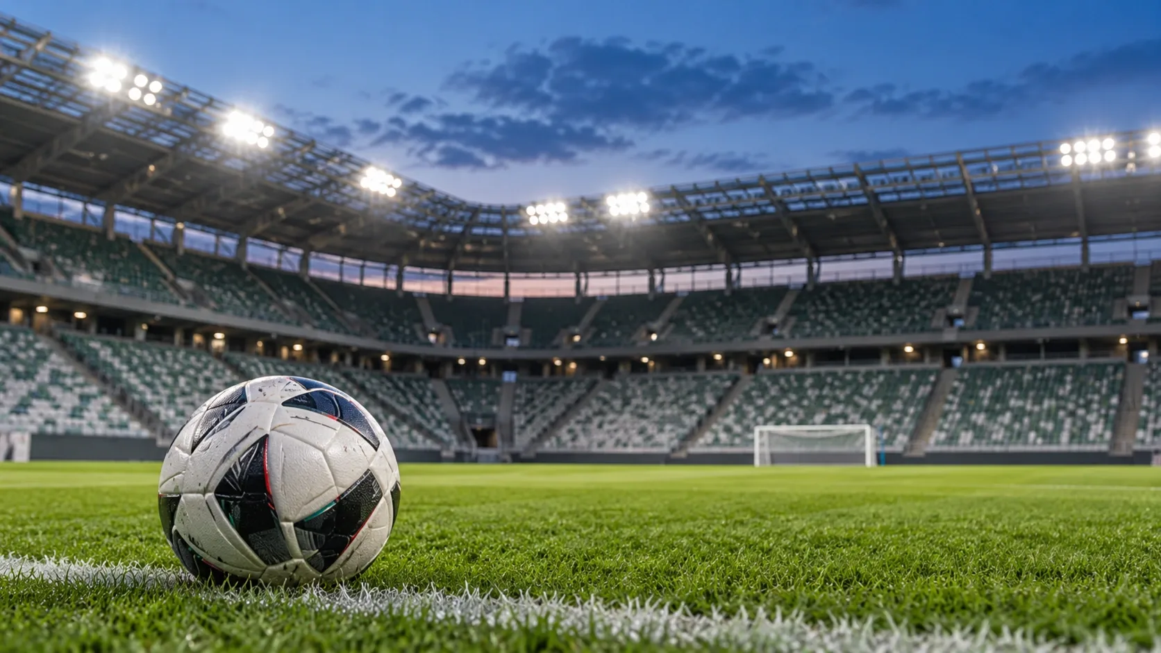 Futball-labda a pálya szélén, a háttérben egy üres, kivilágított stadion lelátói.