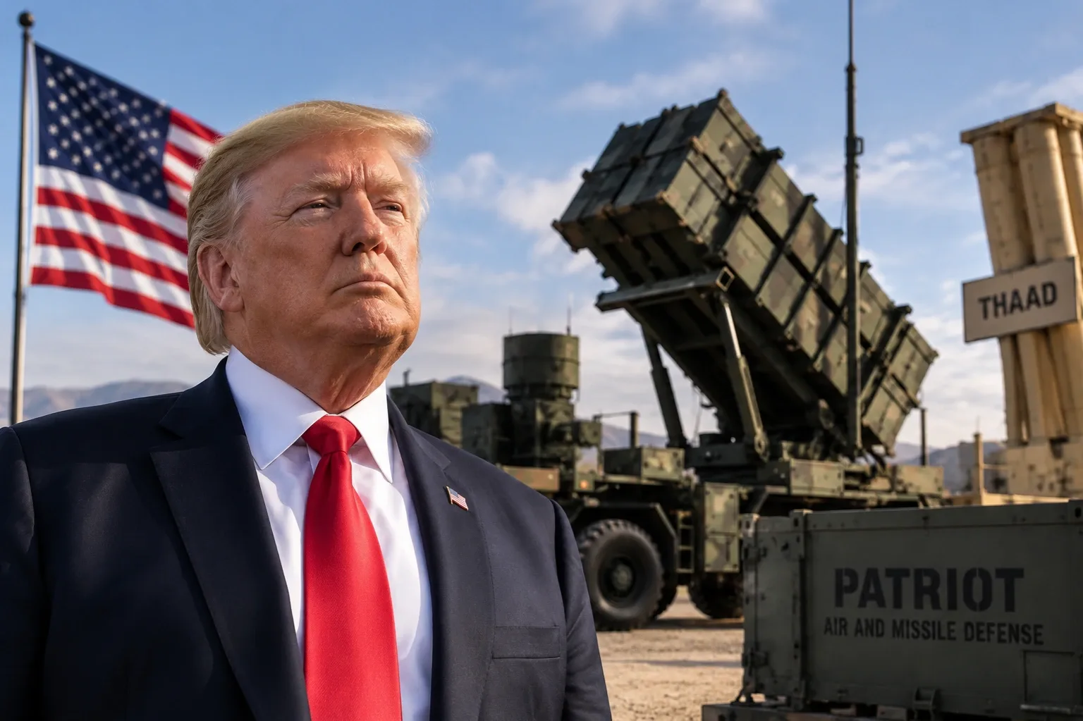 Donald Trump amerikai elnök Patriot és THAAD lég- és rakétavédelmi rendszerek előtt – illusztráció.