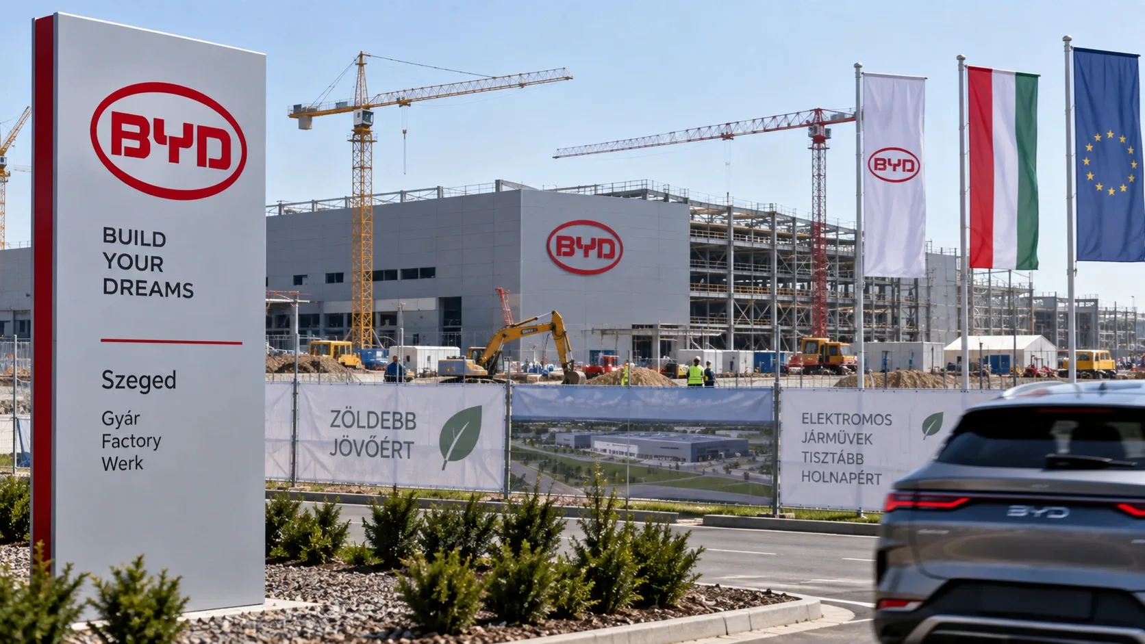 A BYD épülő szegedi elektromosautó-gyárát szemléltető AI-generált illusztráció.