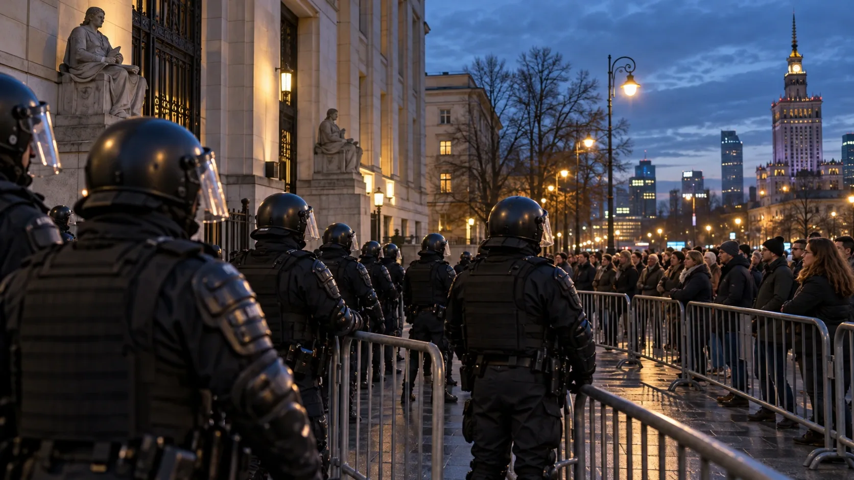 Rohamrendőrök fémkordonok mellett, velük szemben demonstrálók egy Varsót idéző esti városi környezetben.