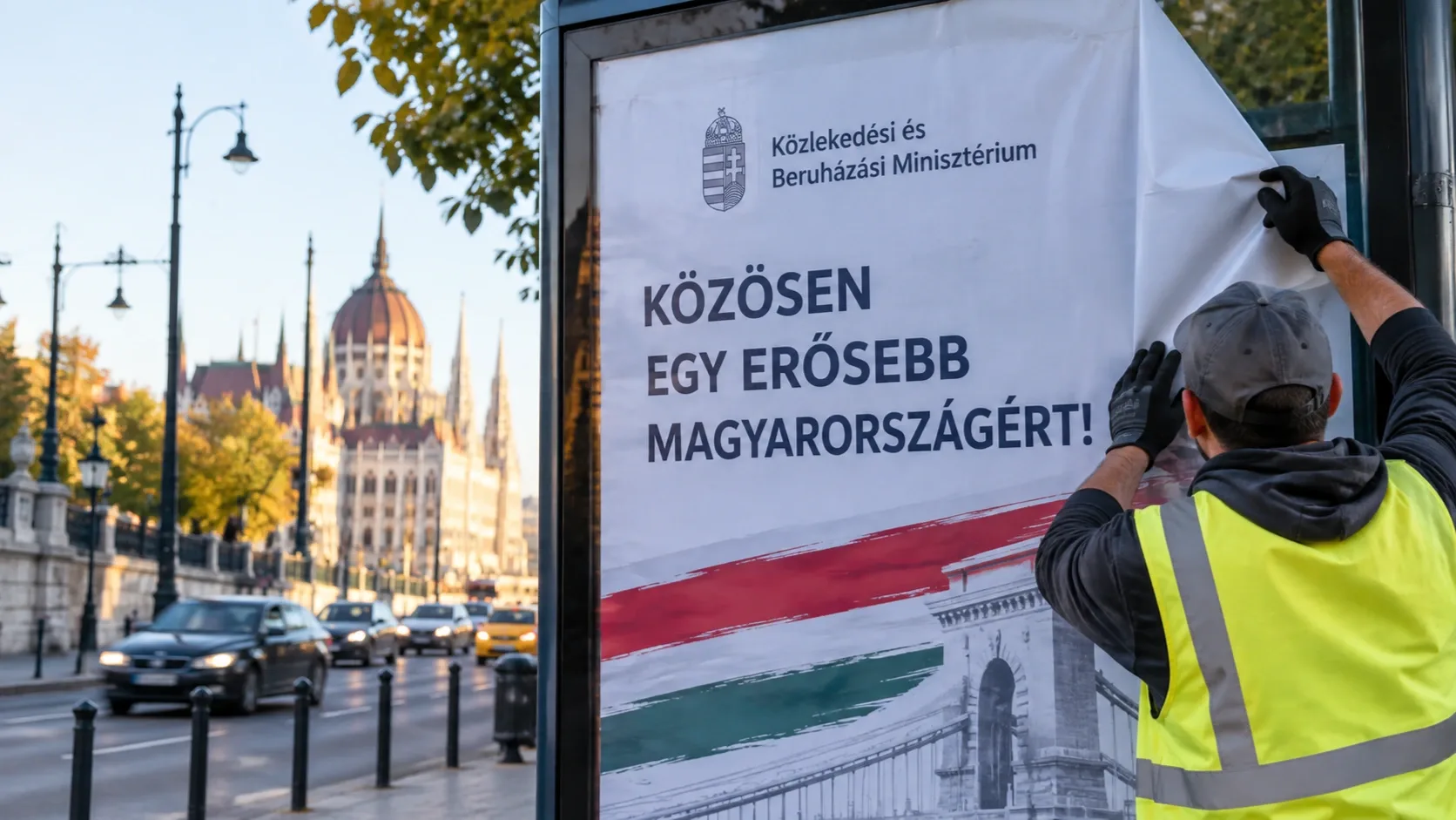Munkás helyez ki egy nagyméretű közterületi plakátot Budapesten.