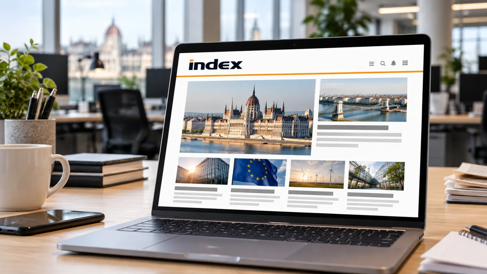 Laptop egy irodai asztalon, képernyőjén az Index arculatát megidéző hírportállal.