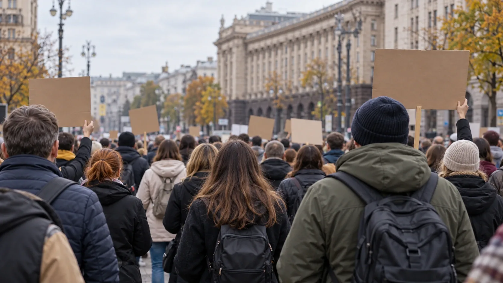 Őszi ruházatot viselő tüntetők egy városi utcán, kezükben felirat nélküli táblákkal.