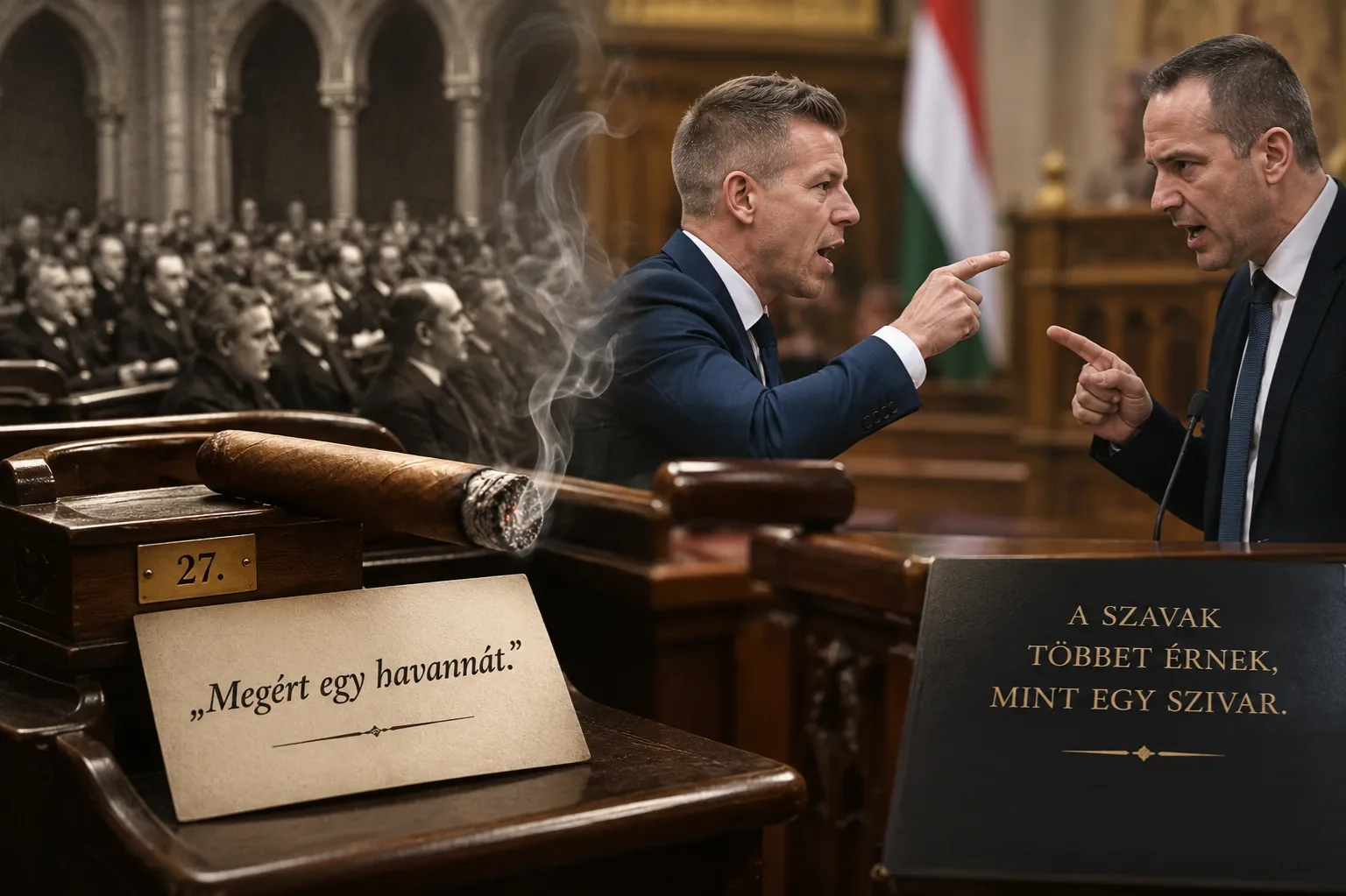 AI-generált illusztráció a régi parlamenti szónoklatok és a mai személyeskedő politikai viták közötti különbségről