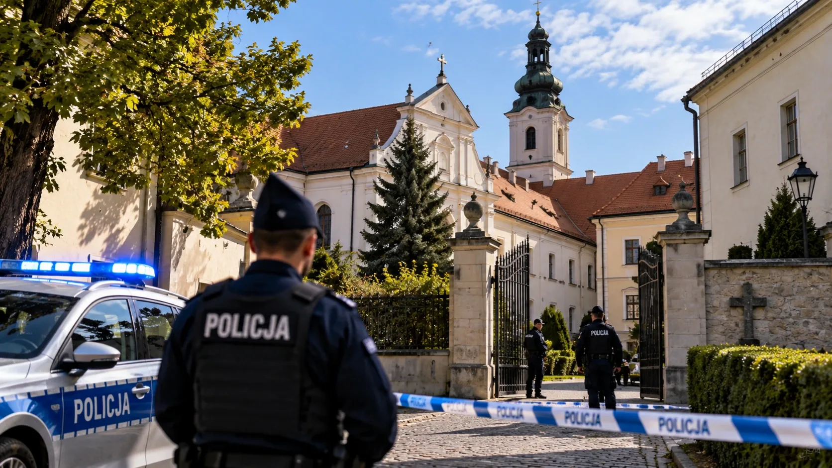 Lengyel rendőrök egy kolostor előtt – illusztráció