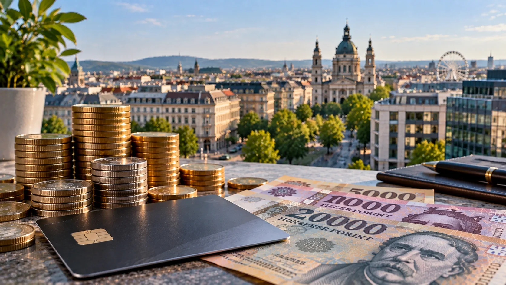 Forintbankjegyek, pénzérmék és bankkártya Budapest látképével – illusztráció