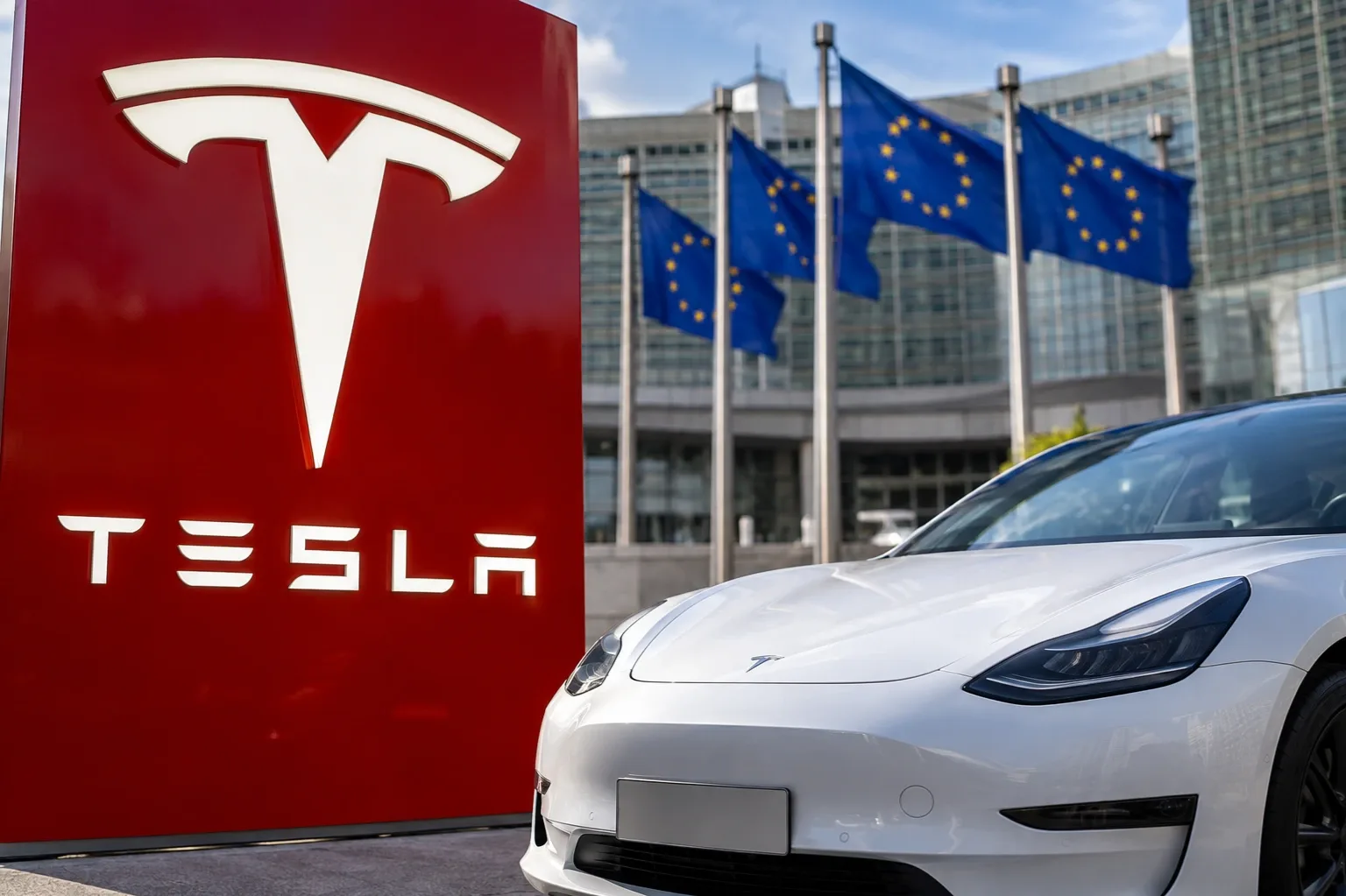 Tesla elektromos autó és Tesla-embléma uniós zászlókkal a háttérben – illusztráció.