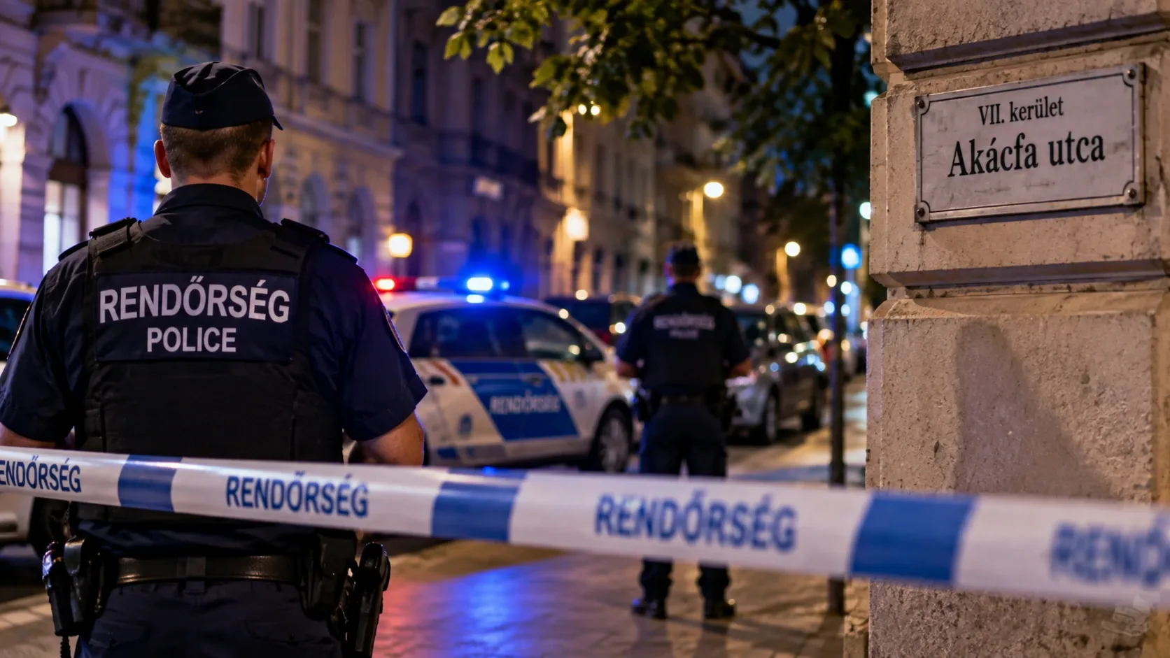 Rendőri intézkedést ábrázoló illusztráció éjszaka a budapesti Akácfa utcában.