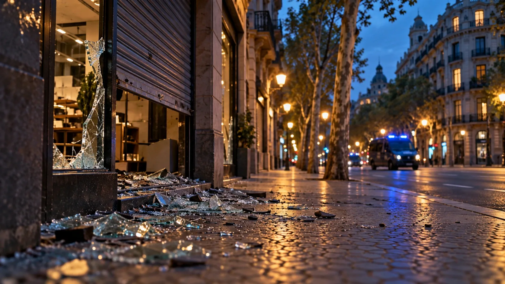 Betört kirakat és üvegszilánkok egy esti városi utcán, háttérben villogó rendőrségi jármű.
