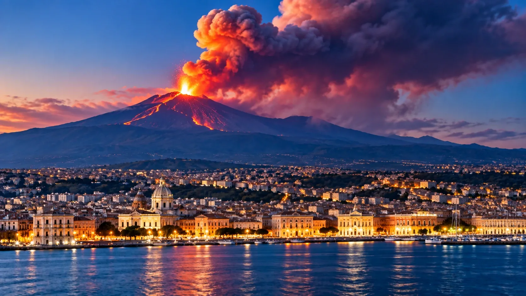 A kitörő Etna Szicíliában, előtérben Catania városával. Illusztráció.