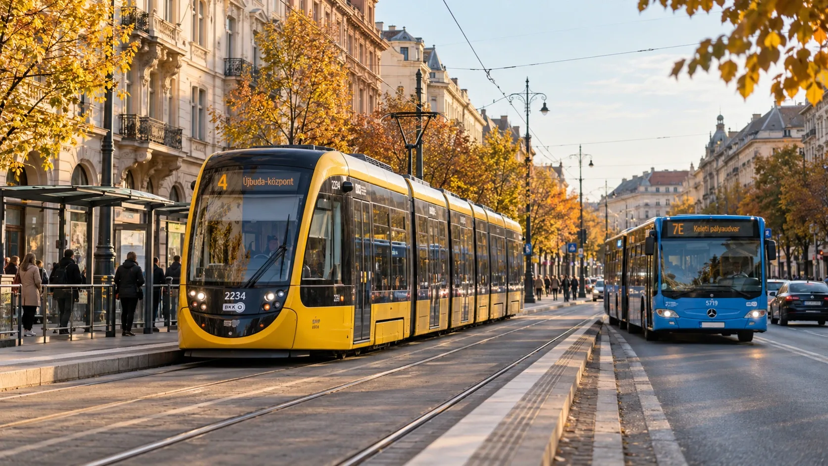 Sárga villamos és kék autóbusz egy őszies budapesti sugárúton.
