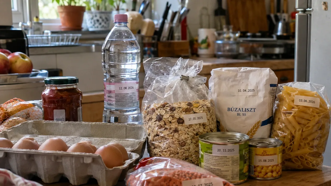 Élelmiszerek lejárati dátummal egy konyhaasztalon, háttérben a minőségmegőrzési idő értelmezését segítő útmutatóval.