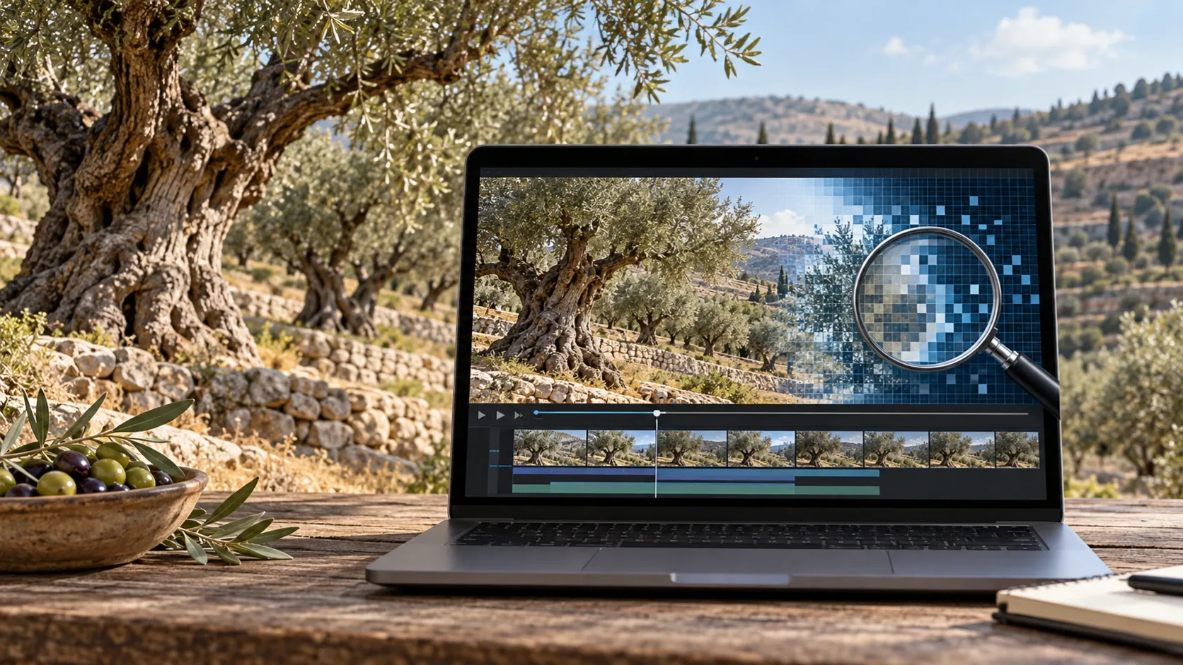 Laptop egy olajfaliget előtt, képernyőjén olajfák képével, digitális képpontokkal és nagyítót ábrázoló grafikával.