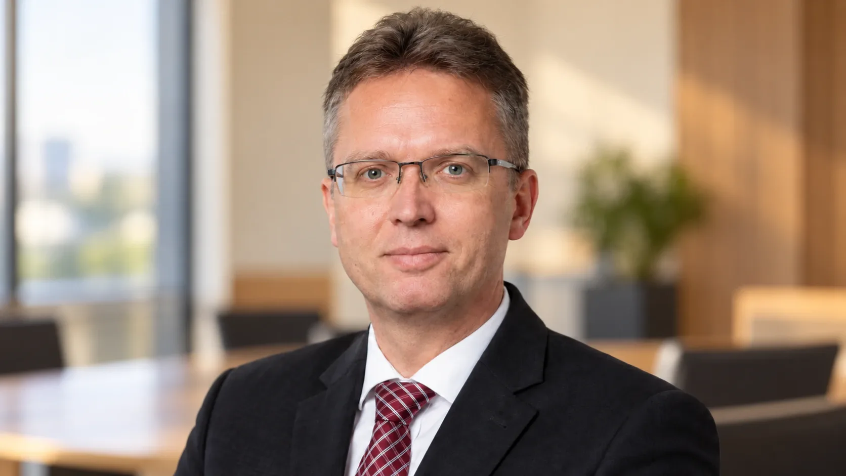 Hankó Balázs AI-generált portréja sötét öltönyben, bordó nyakkendővel, elmosódott tárgyalótermi háttér előtt.