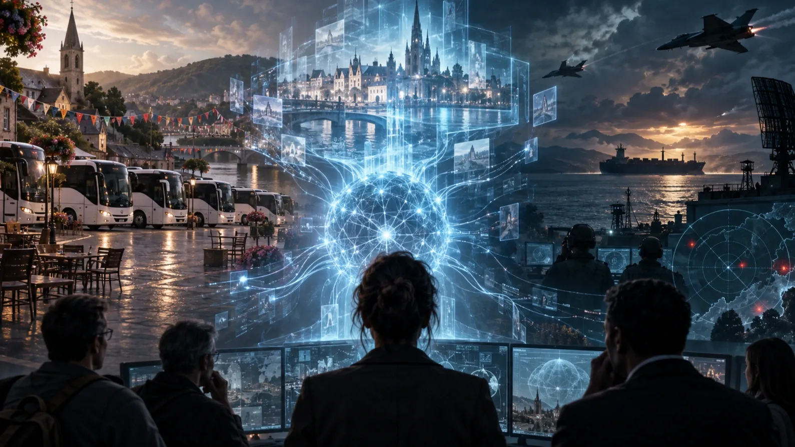 Mesterséges intelligencia által formált valóságot jelképező digitális város és emberi döntési folyamat