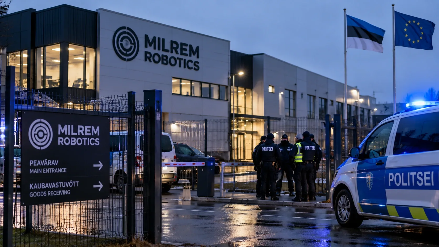 A Milrem Robotics észt védelmi vállalat létesítményét és rendőri intézkedést ábrázoló illusztráció.