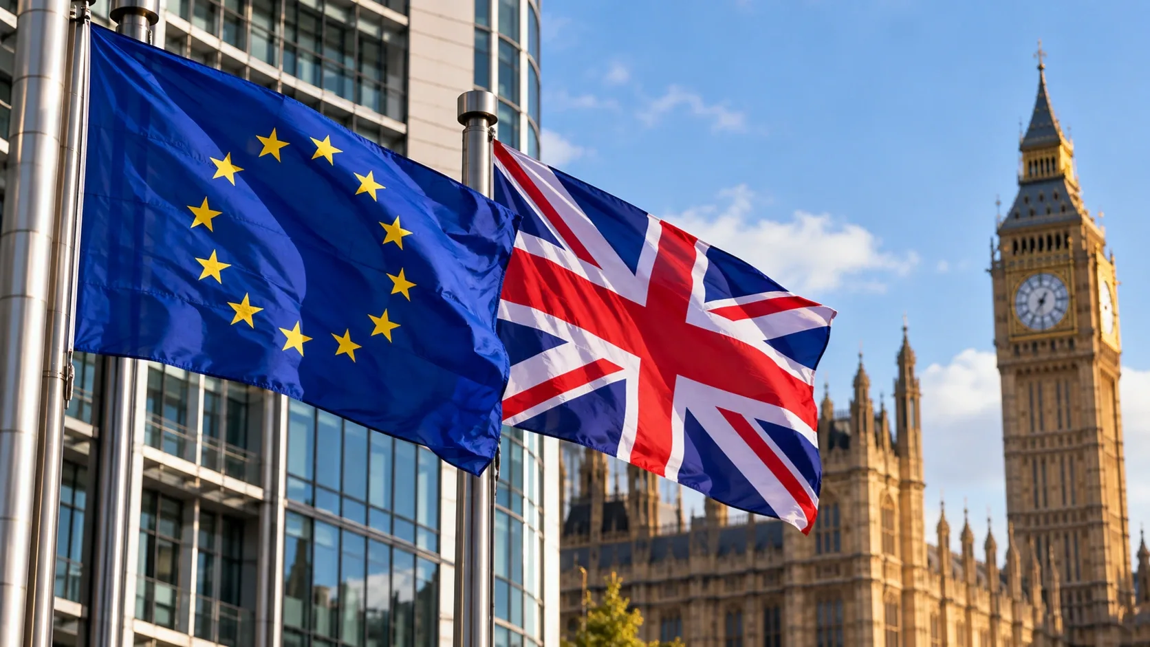 Az Európai Unió és az Egyesült Királyság zászlaja a londoni parlament és a Big Ben előtt – illusztráció