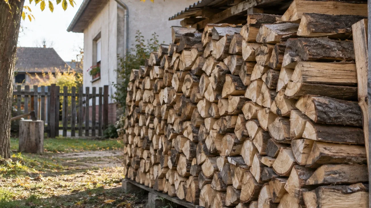 Rakásba rendezett tűzifa egy vidéki ház udvarán, az őszi fűtési szezon előtt.