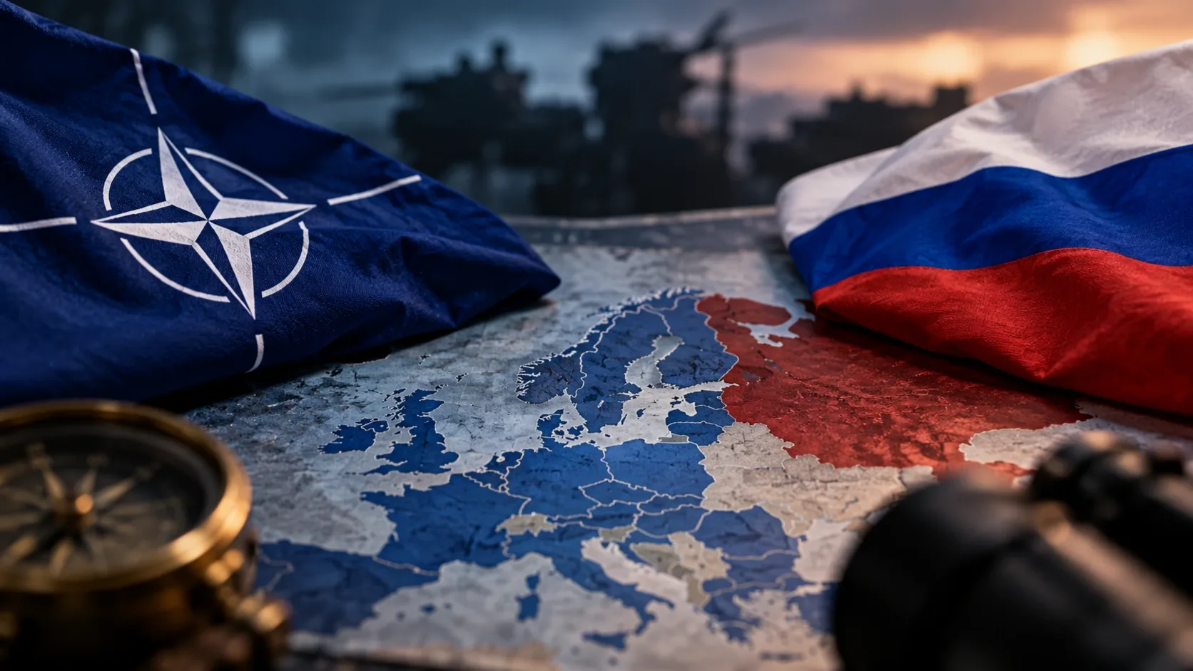 A NATO és Oroszország zászlaja Európa térképe felett – illusztráció