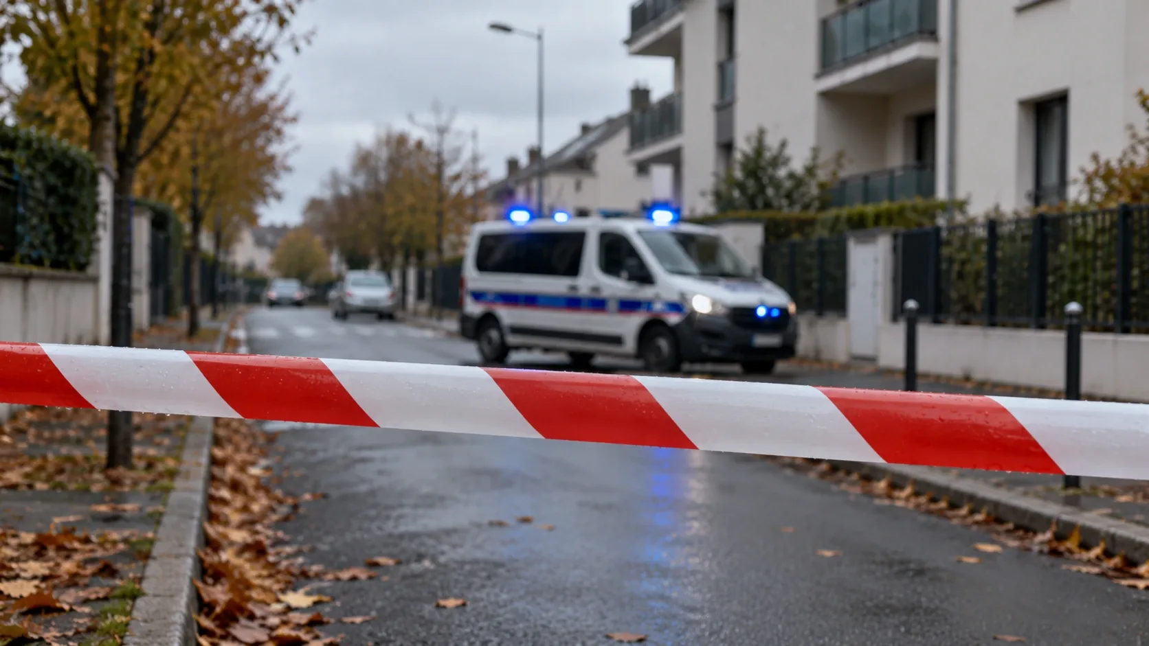 Piros-fehér kordonszalaggal lezárt utca, háttérben kék fényjelzést használó rendőrségi járművel.