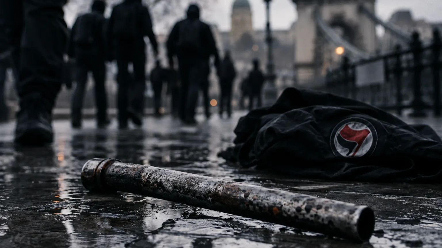 Antifa-támadásokra utaló, sötét hangulatú illusztráció egy budapesti utcán, előtérben fémrúddal és fekete ruhadarabbal.