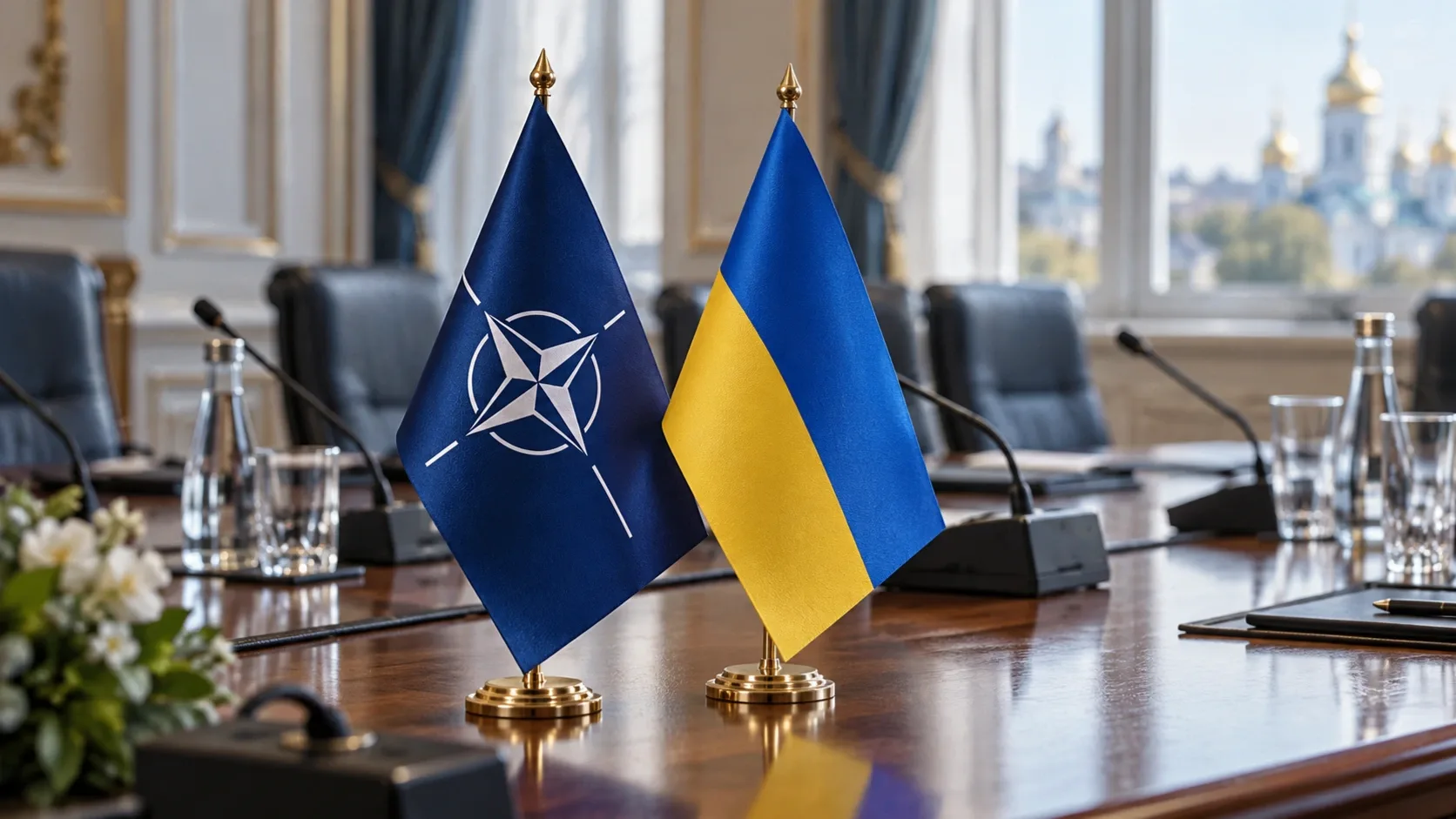 NATO- és ukrán zászló egy tárgyalóasztalon, a háttérben székek és mikrofonok.