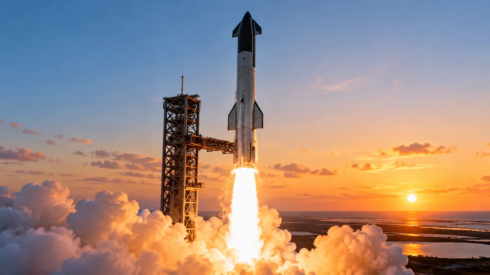 Starship rakéta emelkedik a magasba egy indítóállásról – illusztráció