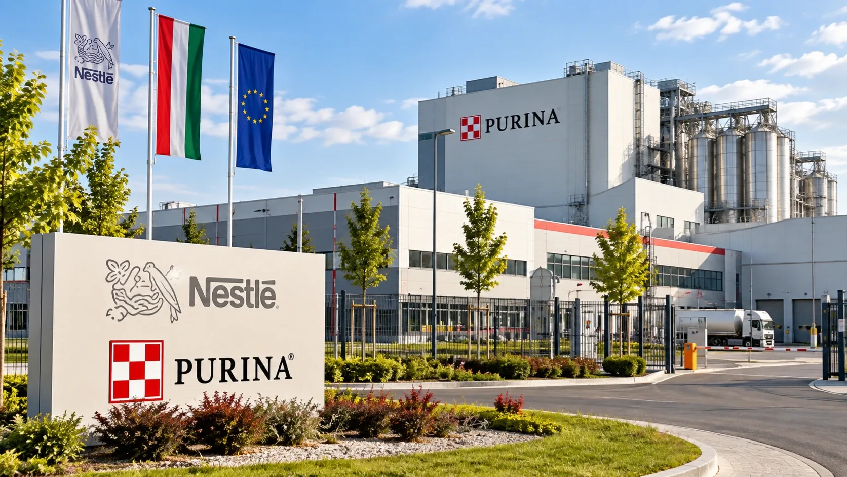 A Nestlé Purina büki állateledelgyárát ábrázoló illusztráció.