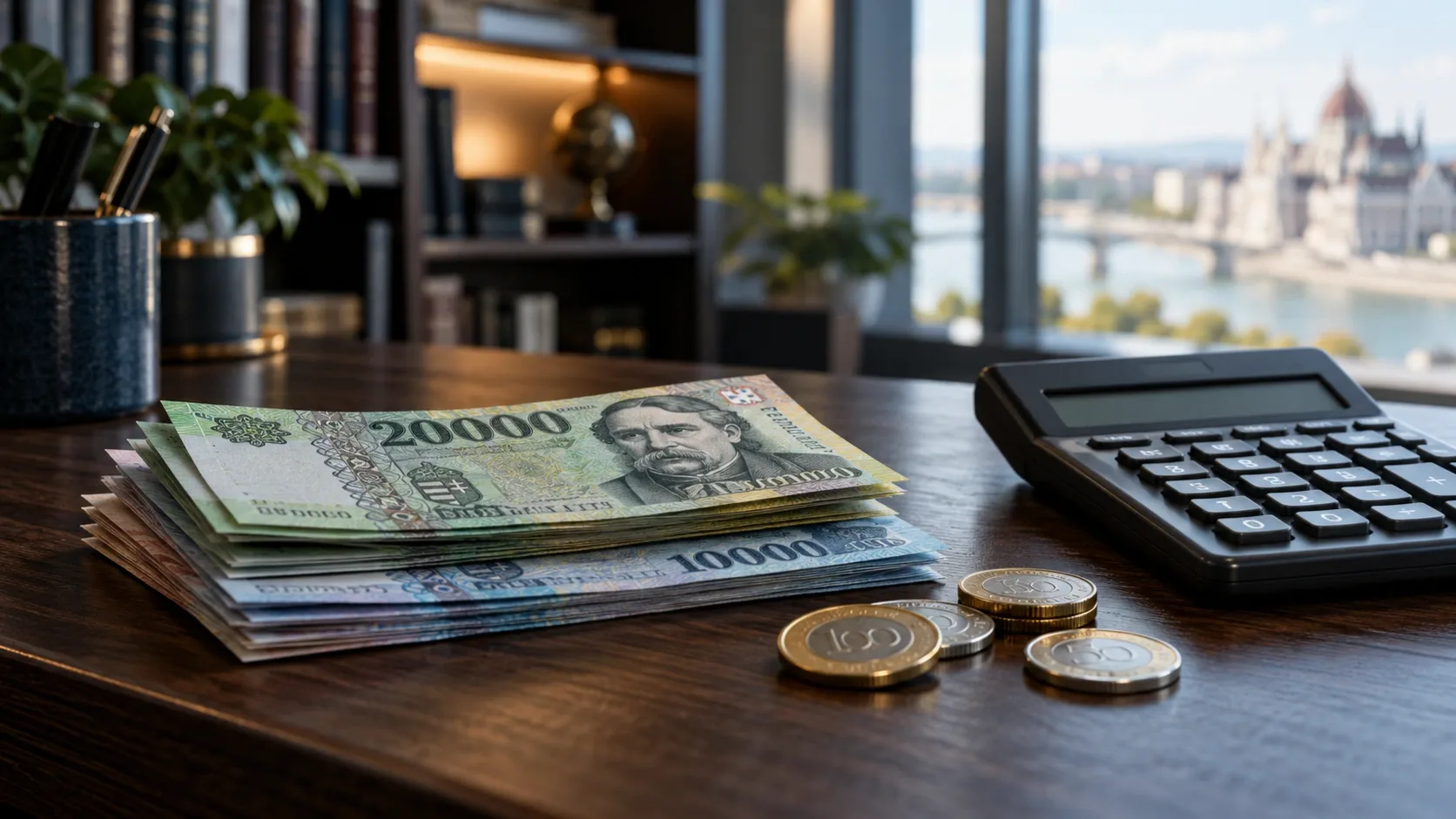 Bankjegyeket, érméket és számológépet ábrázoló gazdasági illusztráció egy íróasztalon.