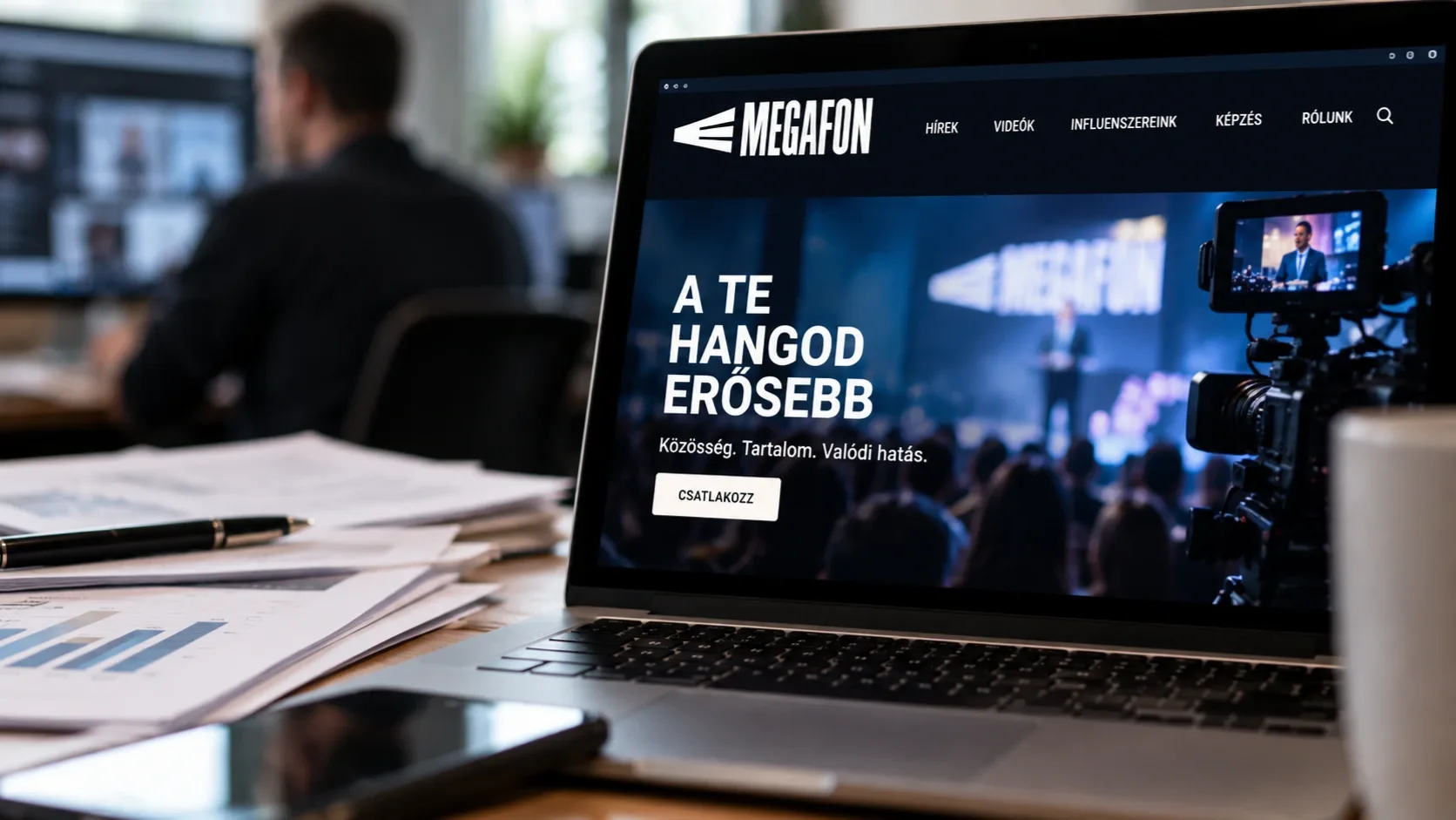 A Megafon oldalát megjelenítő laptop egy irodai környezetben – illusztráció.