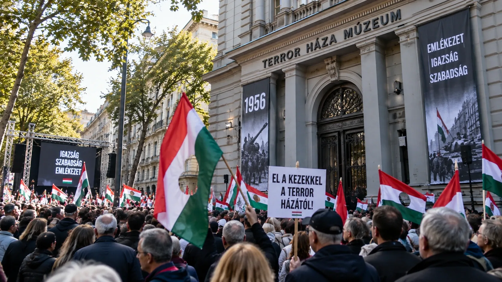 Tüntető tömeg magyar zászlókkal a budapesti Terror Háza Múzeum előtt.